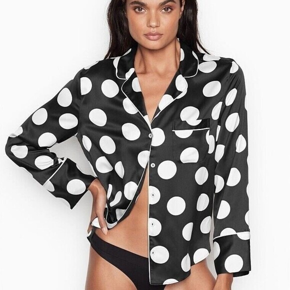 VICTORIA'S SECRET Afterhours Satin Sleep Top Sz S Black/White Made in Indonesia. - Picture 1 of 11